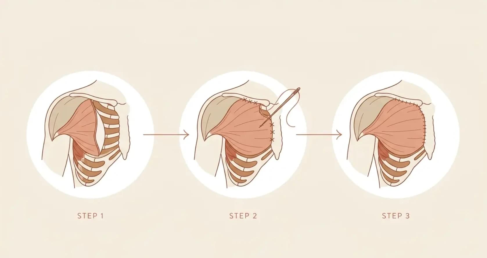 Three steps of a breast muscle repair: the released muscle, the suture, and the reattached muscle
