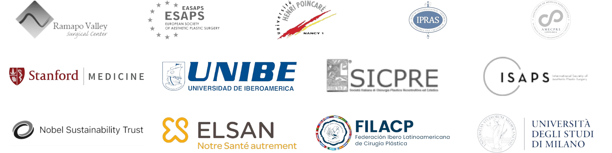 Institutions and societies in Dr. Urzola's training and affiliations: Ramapo Valley Surgical Center, ESAPS, Henri Poincaré University, IPRAS, AMECPRE, Stanford Medicine, UNIBE, SICPRE, ISAPS, Nobel Sustainability Trust, ELSAN, FILACP, and the University of Milan