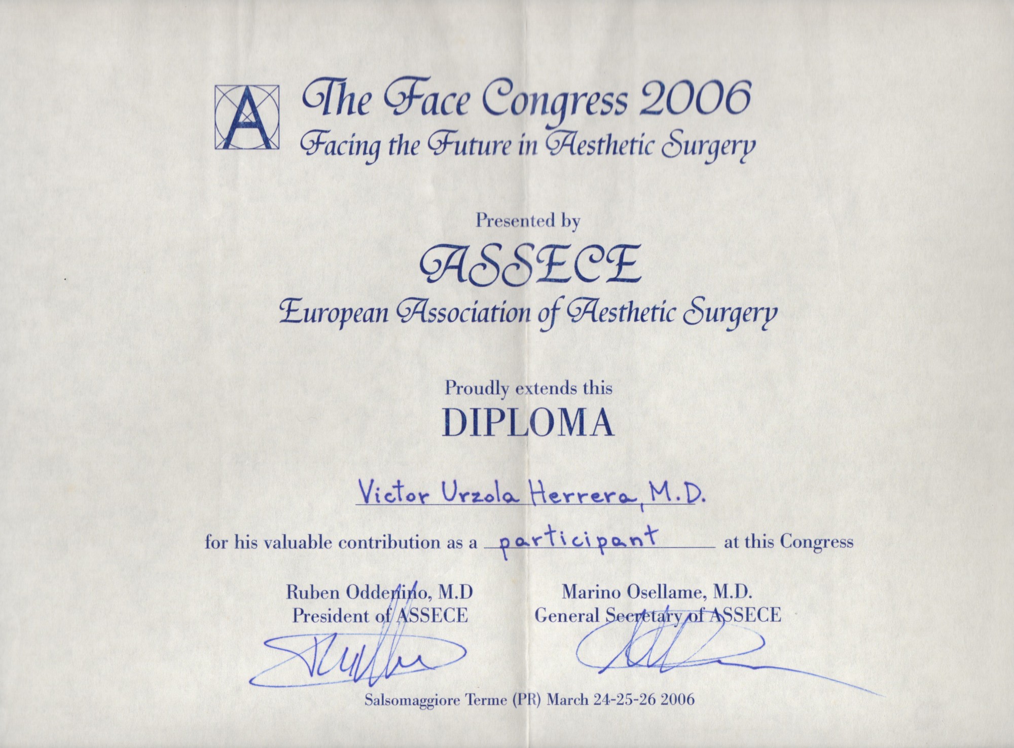 The Face Congress — European Association of Aesthetic Surgery (ASSECE), Italy, 2006