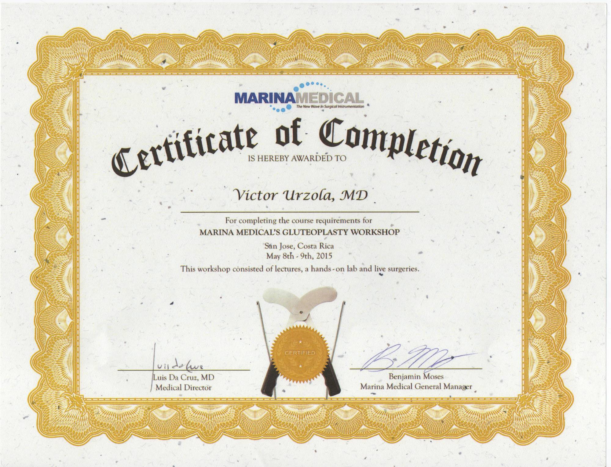 Gluteoplasty Workshop, Certificate of Completion — Marina Medical, 2015