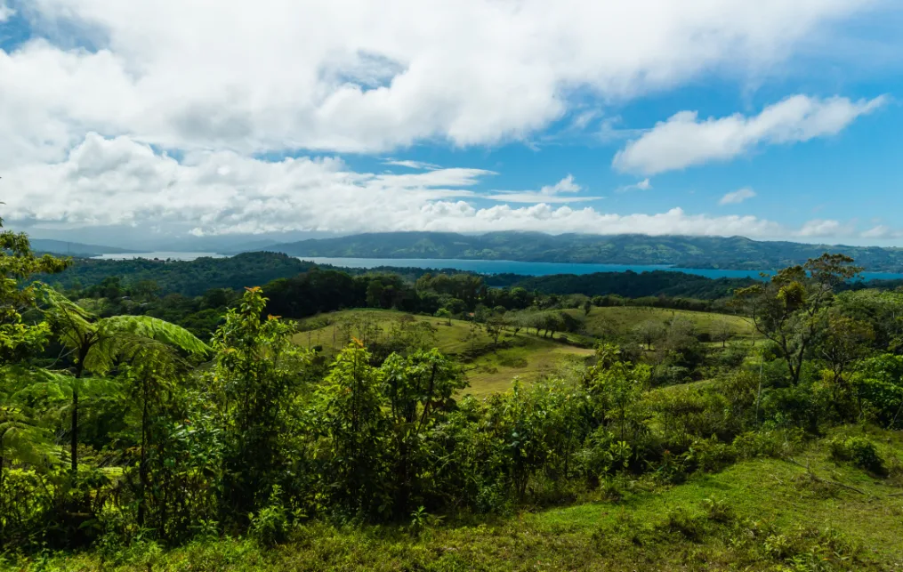 The green hills and lake of Costa Rica's countryside